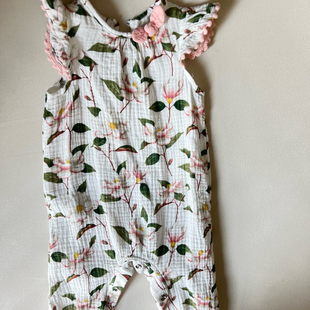 Mud Pie Floral Baby Romper with Pink Bow